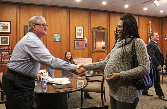 Mayor Kenney meets Tadita Covington, a Rec Center volunteer.