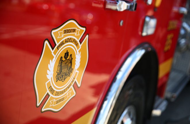 Door of fire engine with emblem