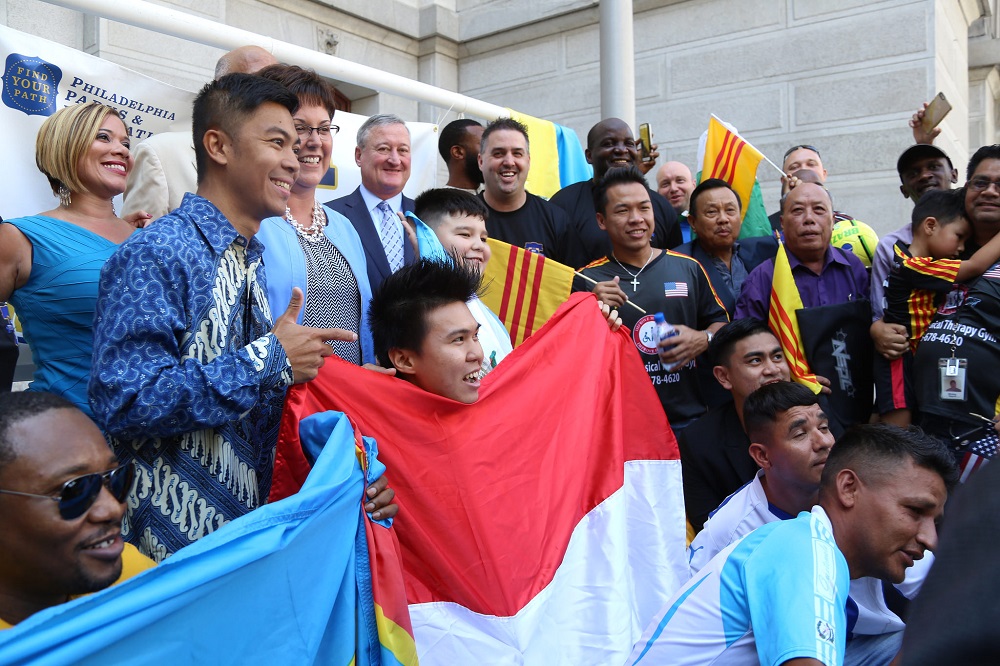 Mayor Jim Kenney celebrates the announcement of the first-ever Philadelphia International Unity Cup, which celebrates the city's immigrant communities through soccer, in 2016.