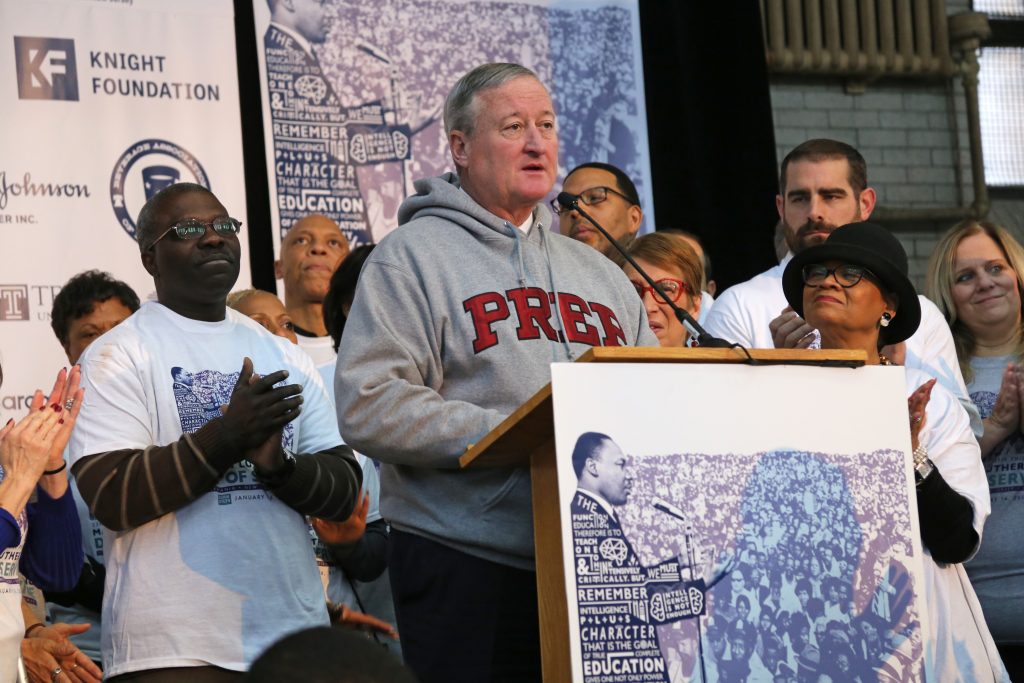 Mayor Kenney speaks to volunteers at Girard College