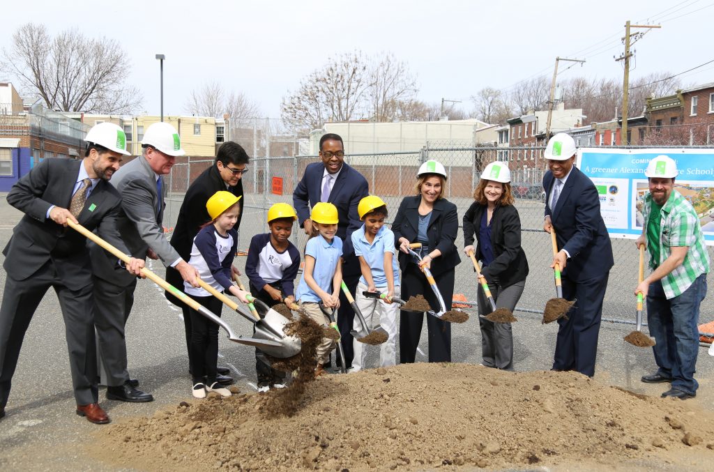 Mayor Kenney, Council President Darrell Clarke, School District Superintendent Dr. William Hite and other distinguished guests break ground for the green schoolyard at the Adaire School.
