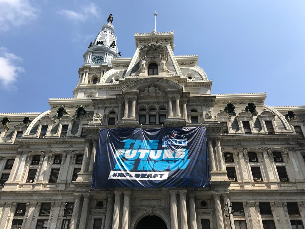 City hall with NFL Banner