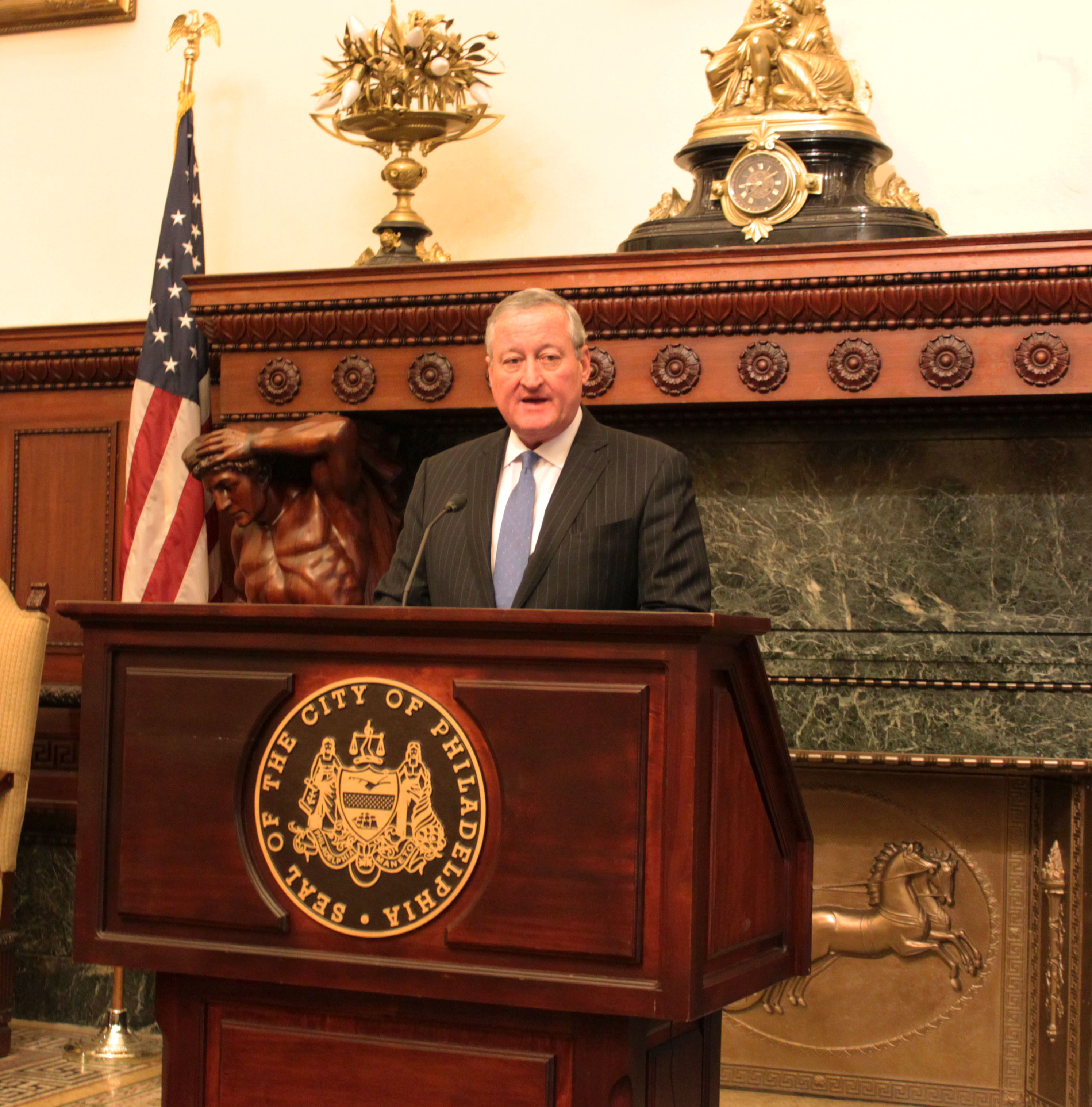 Mayor Kenney and partners at a press conference strenthening Philadelphia's commitment to climate change.