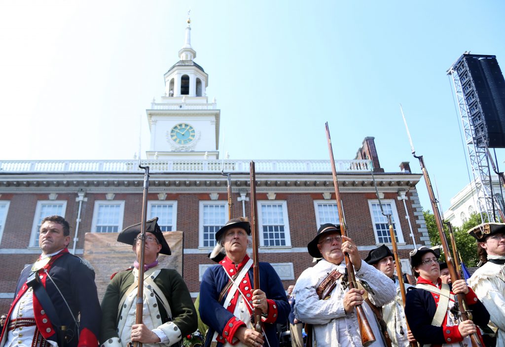 American Revolution reenactors perform at the Celebration of Freedom Ceremony.
