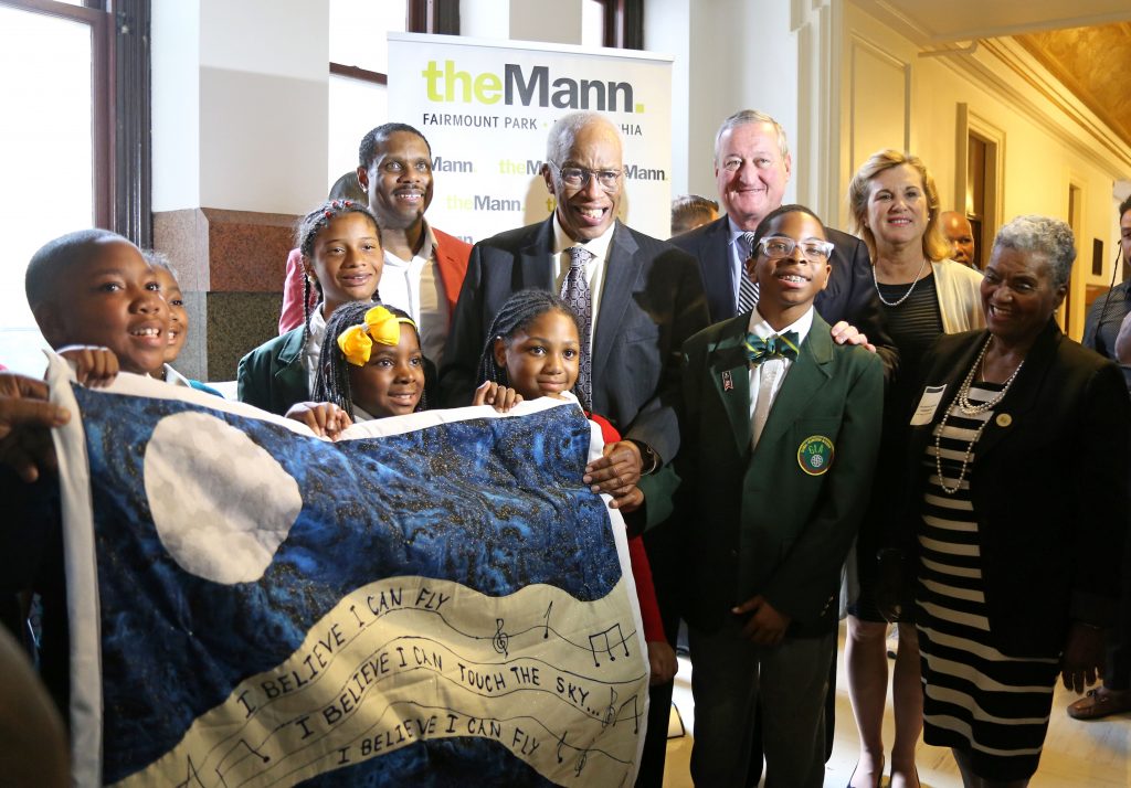 Mayor Kenney and students from Global Leadership Academy pose with Col. Guion Bluford Jr., the first African-American in space during a citation presentation 