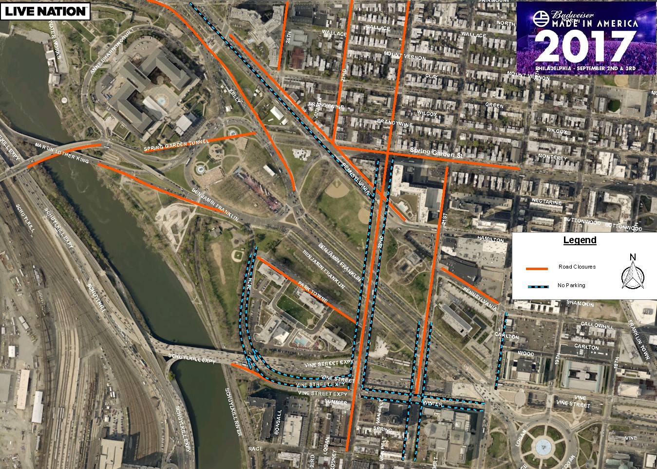 Map showing roads in and around the Art Museum area that are affected by the Made in America Festival.