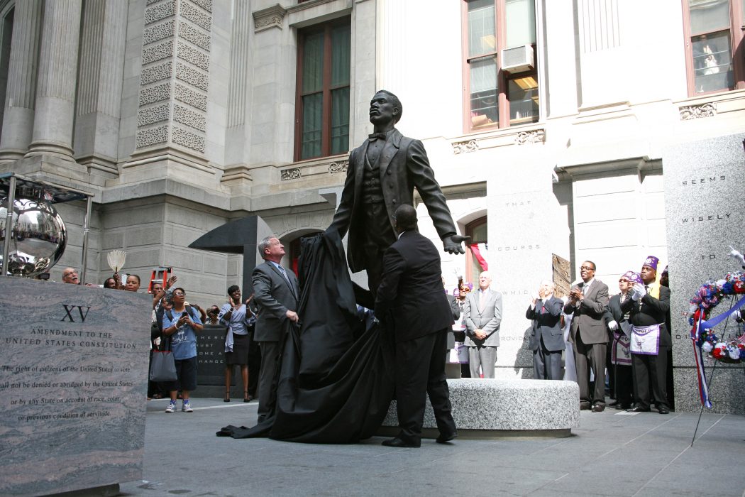 Mayor Kenney and Artist Branly Cadet unveil the Octavius V. Catto monument 