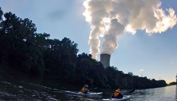 Smoke stacks seen by kayaker