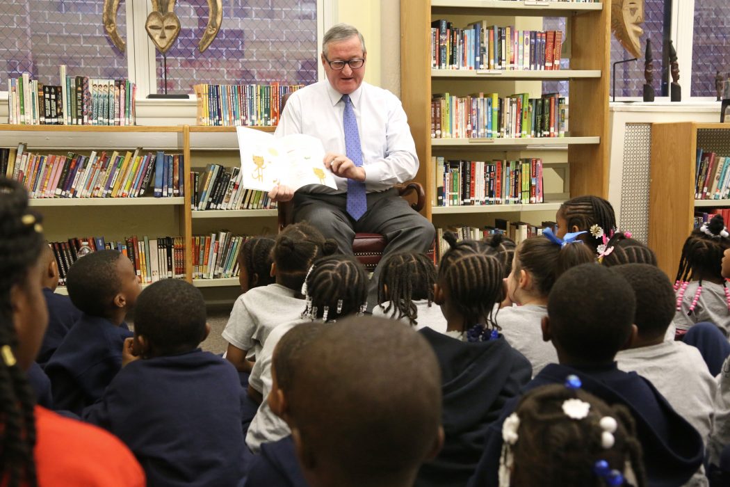 Mayor Kenney reads “Quackers” to pre-K kids at the Gesu School 