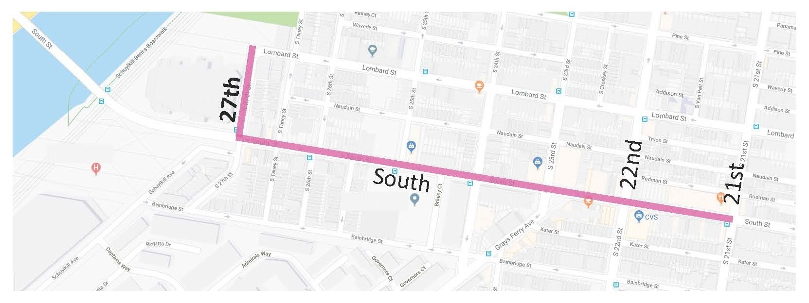 Map featuring the location of the protected bicycle lane on South St. from 27th to 21st streets.