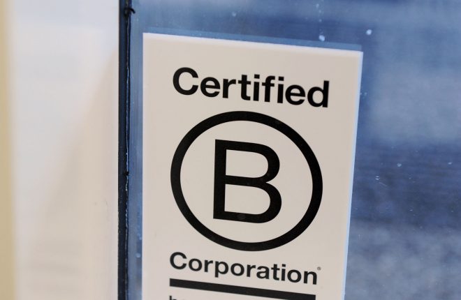 Photograph shows sign that certifies a business as a sustainable B Corportaion