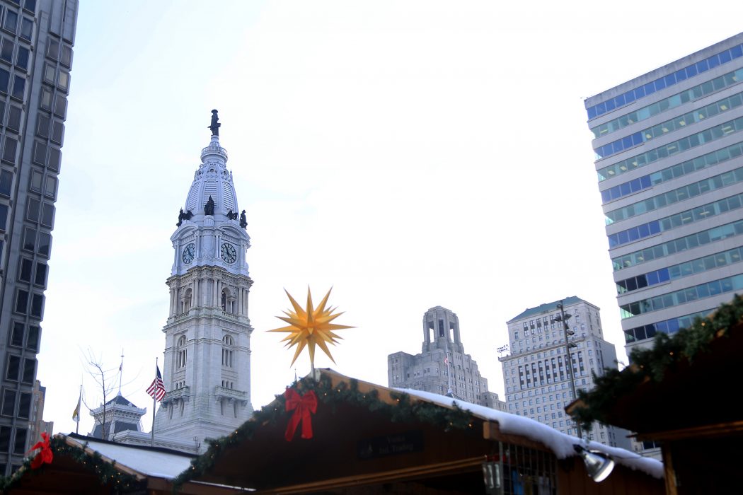 The view of City Hall from Christmas Village as it returns to a newly renovated LOVE Park.