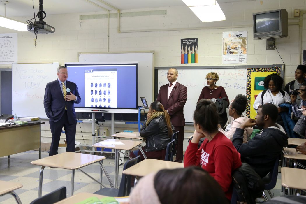 Mayor Kenney speaks to students during a visit to Robeson High School on December 12.