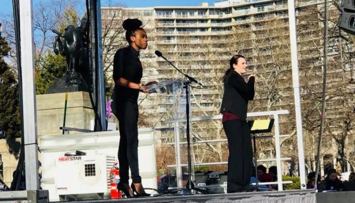 Director of LGBT Affairs Amber Hikes speaking at the 2018 Womens March on Philadelphia