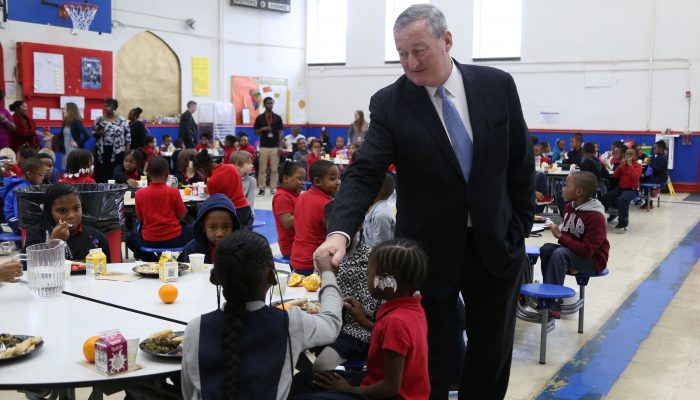Mayor Kenney meets students at Independence Charter School West during their lunch on January 23.