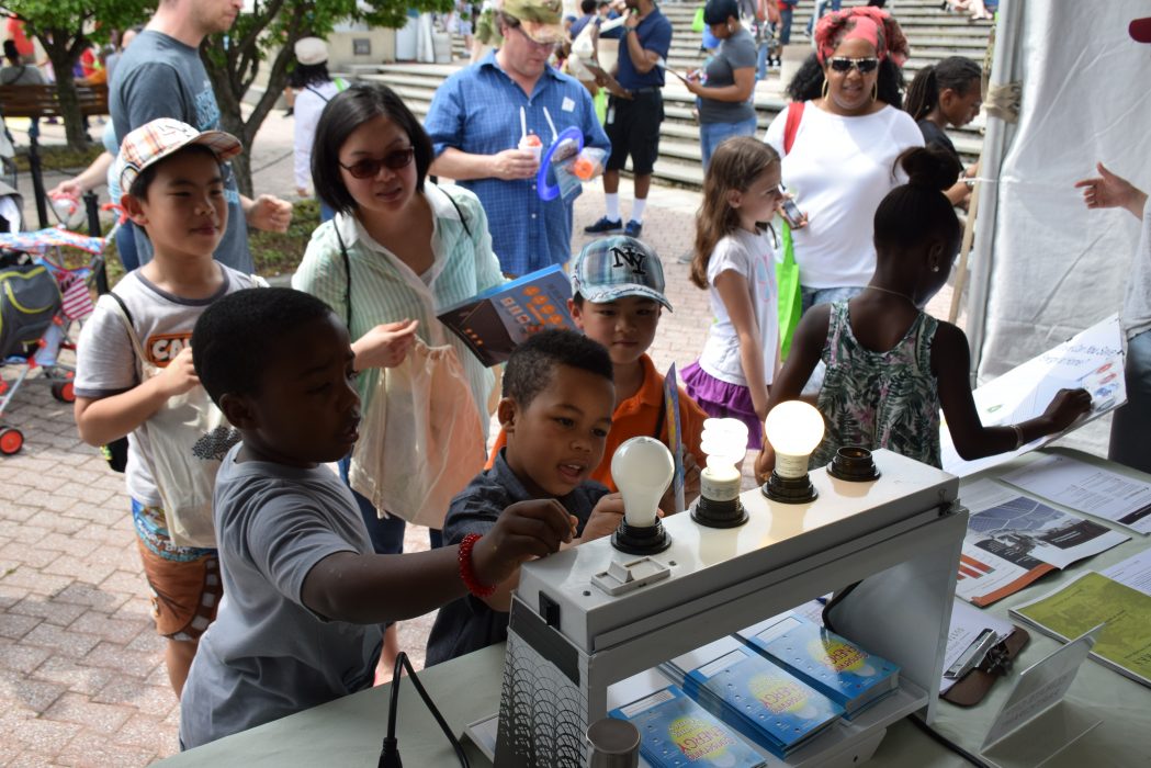 Children learning about energy efficiency through different light bulbs