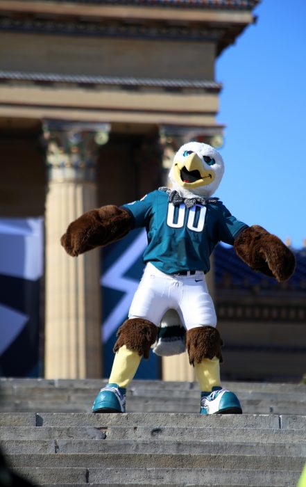 Philadelphia Eagles Mascot Swoop dances on the steps of the Philadelphia Museum of Art