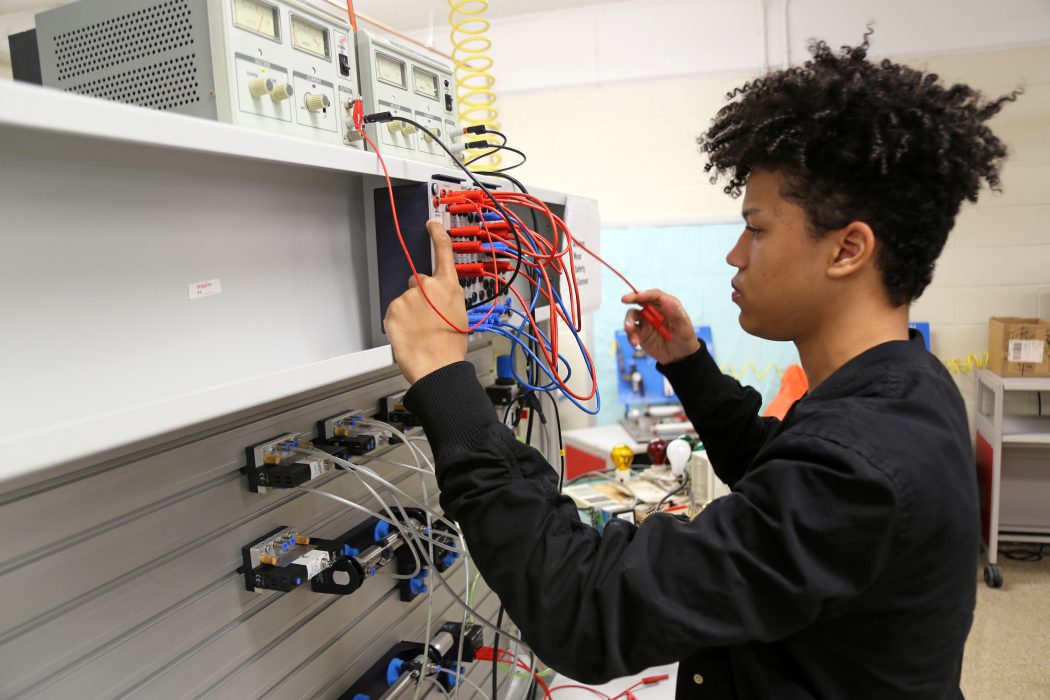 A student at South Philadelphia High School worked in an engineering program.