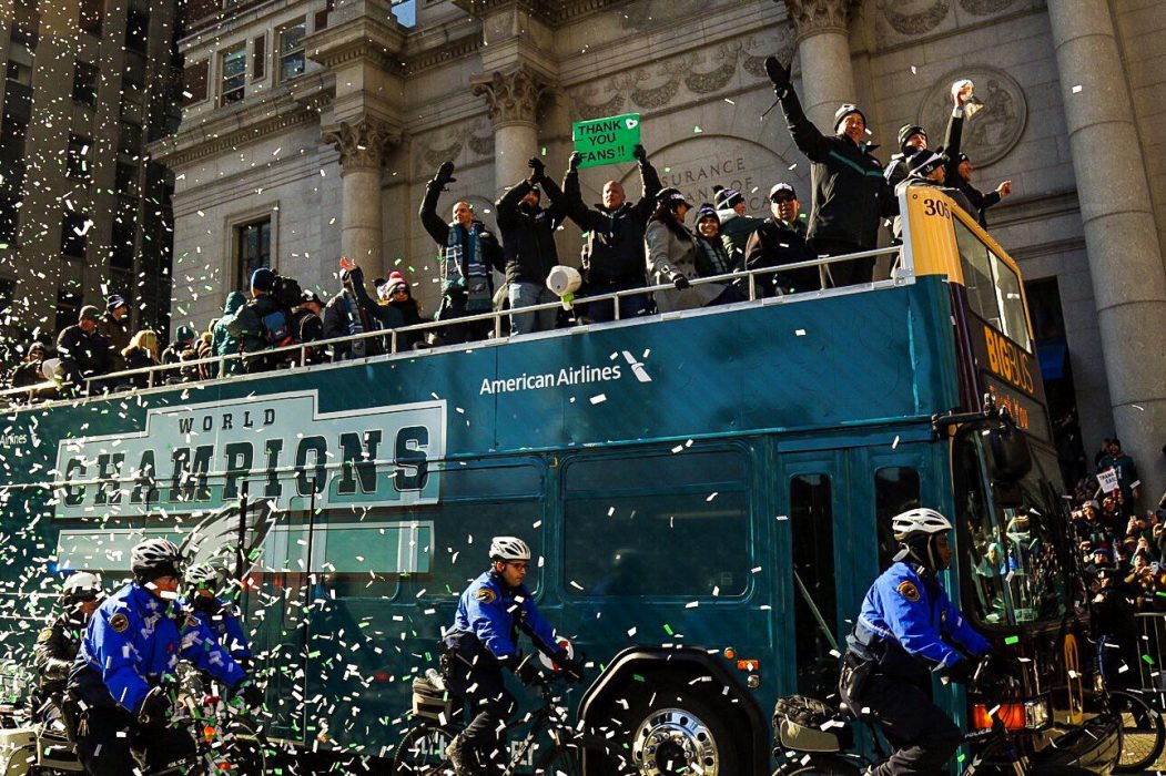 The Philadelphia Eagles celebrate their Super Bowl victory with a parade on February 8.