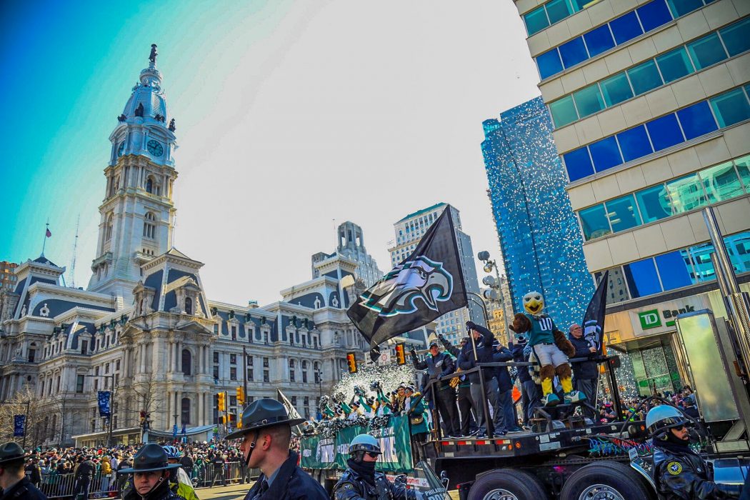 Swoop and the Philadelphia Eagles Cheerleaders ride around City Hall during the Super Bowl championship parade on February 8.