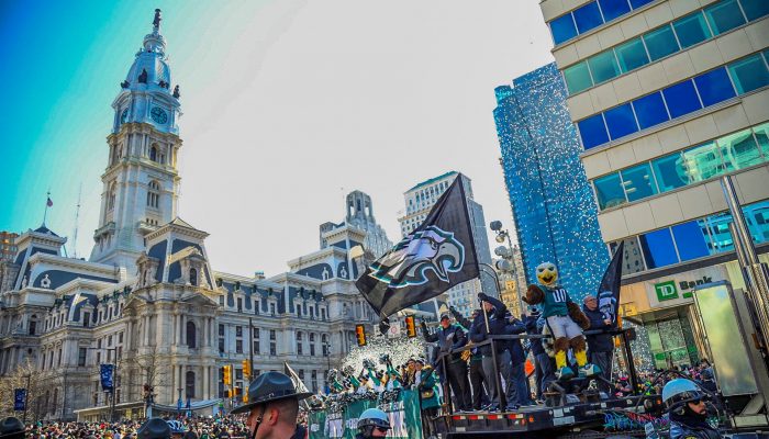 Swoop and the Philadelphia Eagles Cheerleaders ride around City Hall during the Super Bowl championship parade on February 8.