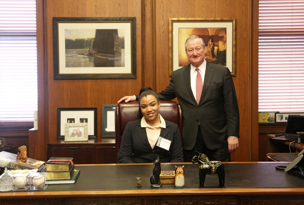Mayor Kenney and his PAL (Police Athletic League) Mayor of the Day, Jordan Newson-Little, pose for a photo in the Mayor’s Office during PAL Day on February 20. 
