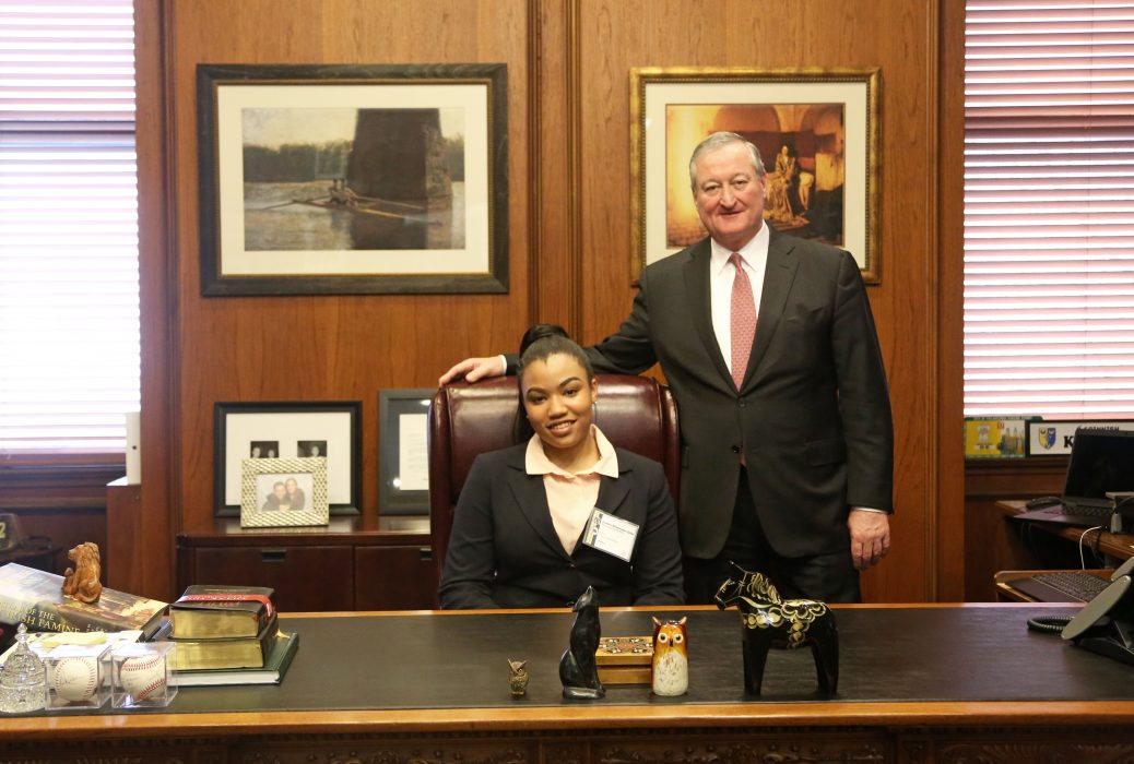 Mayor Kenney and his PAL (Police Athletic League) Mayor of the Day, Jordan Newson-Little, pose for a photo in the Mayor’s Office during PAL Day on February 20. 