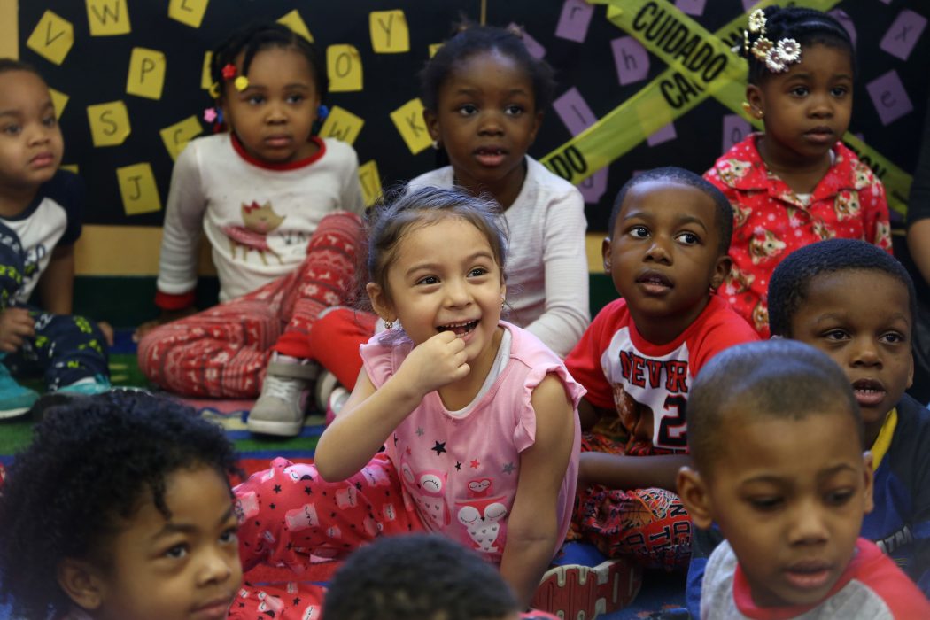 Students in the PHLpreK class at Brightside Academy Castor wear their pajamas during the Mayor’s reading of “Llama Llama Read Pajama” on February 21.