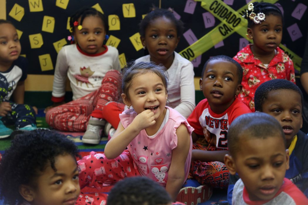 Students in the PHLpreK class at Brightside Academy Castor wear their pajamas during the Mayor’s reading of “Llama Llama Read Pajama” on February 21.