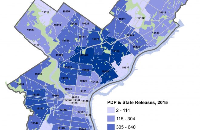 A map of Philadelphia that shows the total number of people released by each zip code in 2015.
