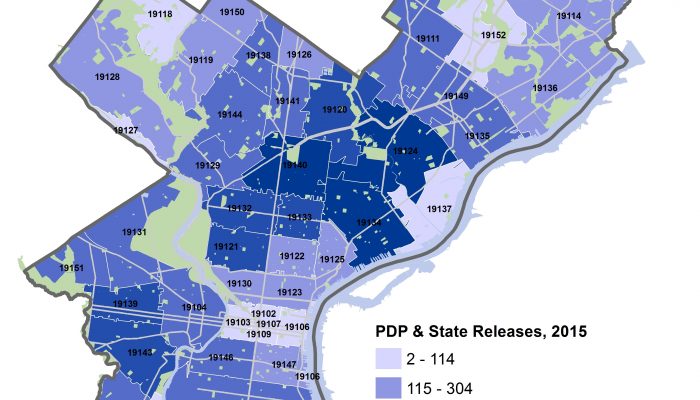 A map of Philadelphia that shows the total number of people released by each zip code in 2015.