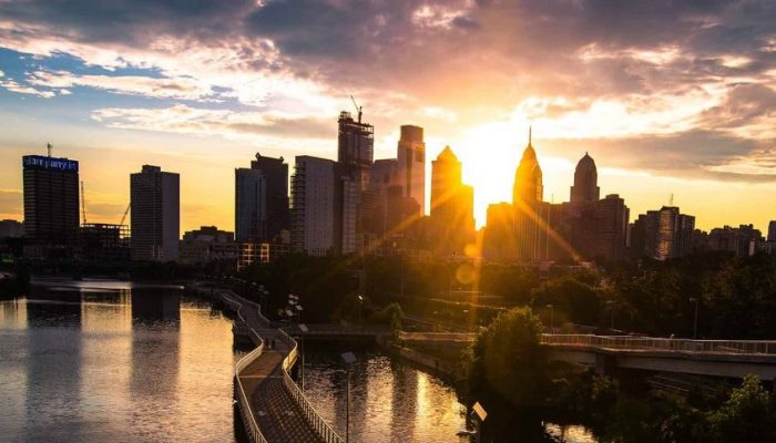 Philadelphia skyline while the sun is rising