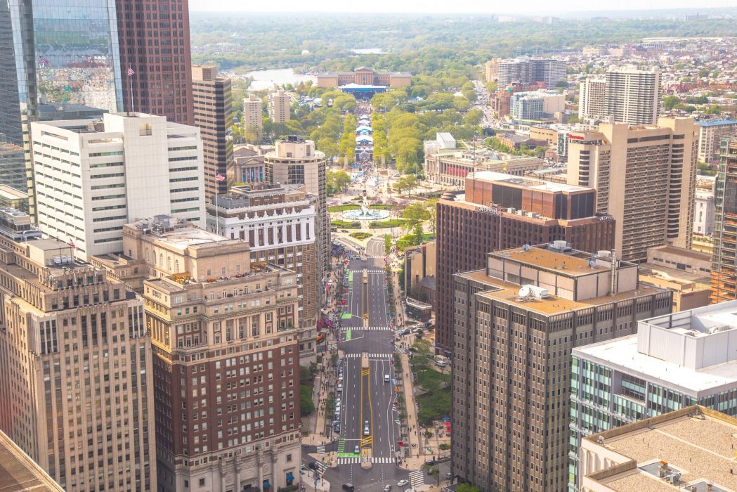 Overhead view of Philadelphia skyline along the Ben Franklin Parkway
