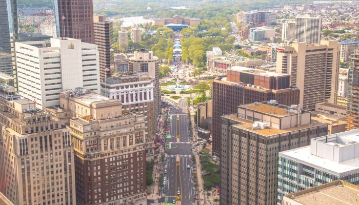 Overhead view of Philadelphia skyline along the Ben Franklin Parkway