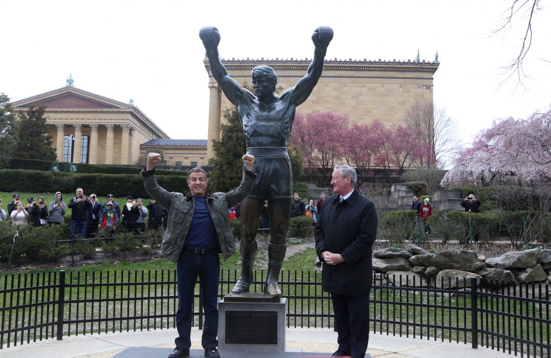 Sylvester Stallone makes an appearance at the Rocky statute with Mayor Kenney on April 6.