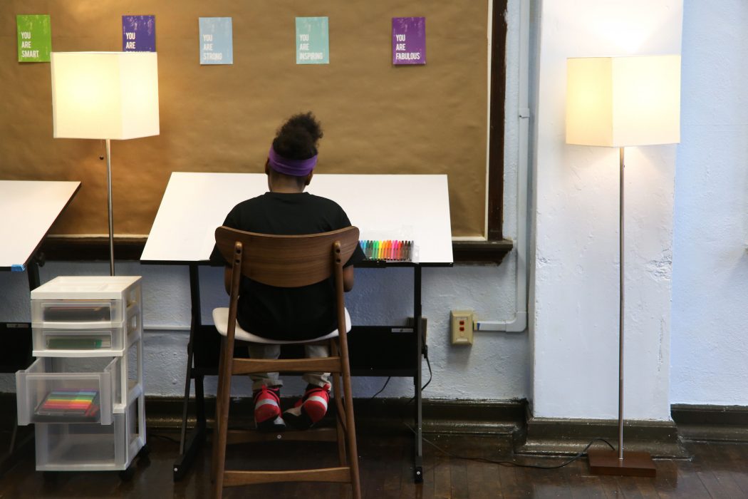 A student at Tilden Middle school, a community school, enjoys the new calming room made possible through Cigna’s Community Ambassador Fellowship Program on April 4. 