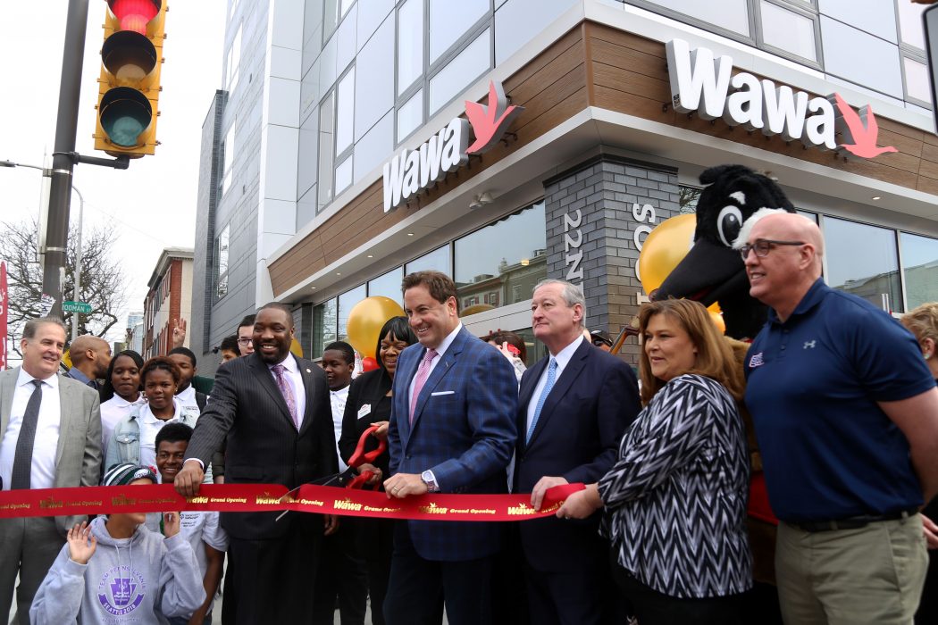 Mayor Kenney, city officials and representative of Wawa celebrate Wawa Day with the opening of a new store at 22nd & South Streets on April 12.