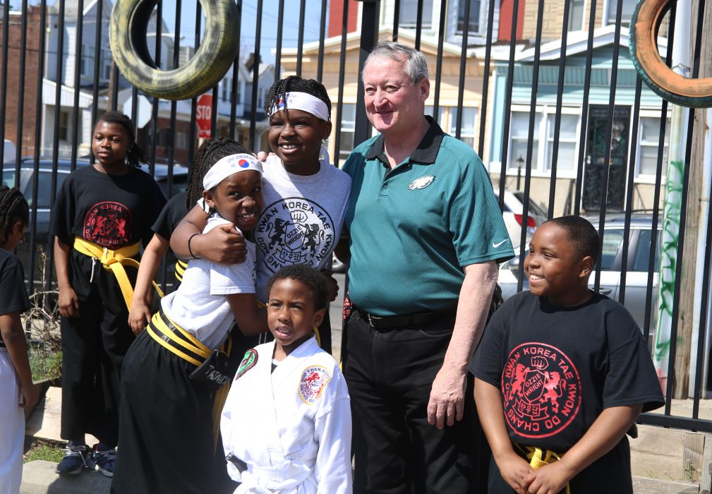 Mayor Kenney poses with Taw Kwon Do students at the Sayre Health Fair on April 14.
