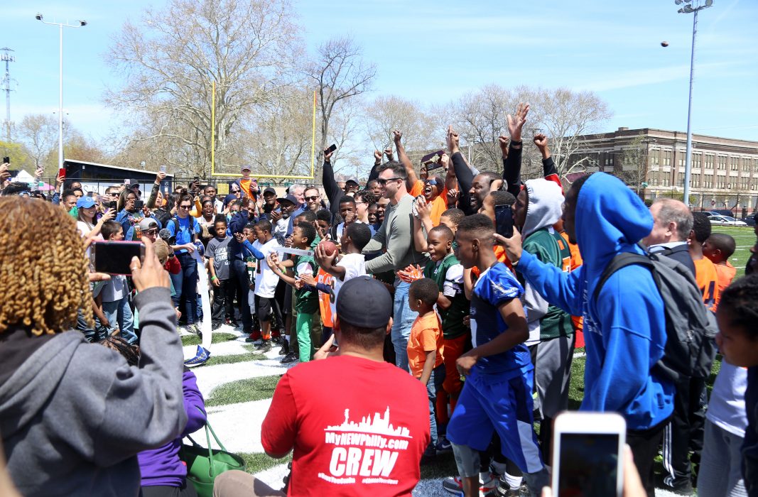 Mayor Kenney, former Philadelphia Eagles player Connor Barwin, and government officials cut the ribbon for the revitalized Smith Playground on April 21.