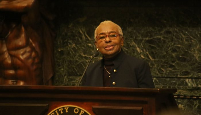 julia danzy speaking at a press conference announcing the new board of education members