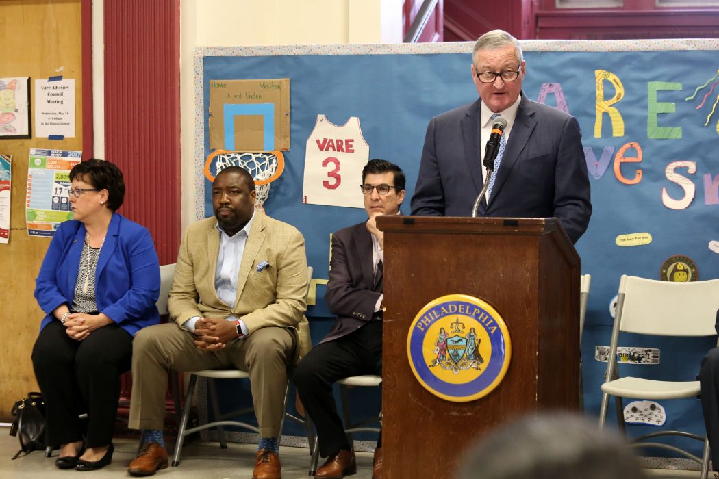 Mayor Kenney announces Vare Recreation Center as the first Rebuild investment during a press conference on May 16. 