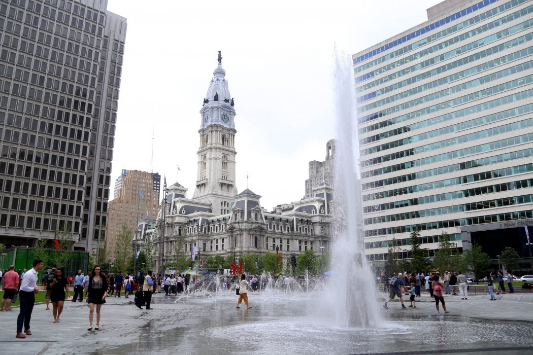 People enjoy the newly redesigned LOVE Park during its grand re-opening.
