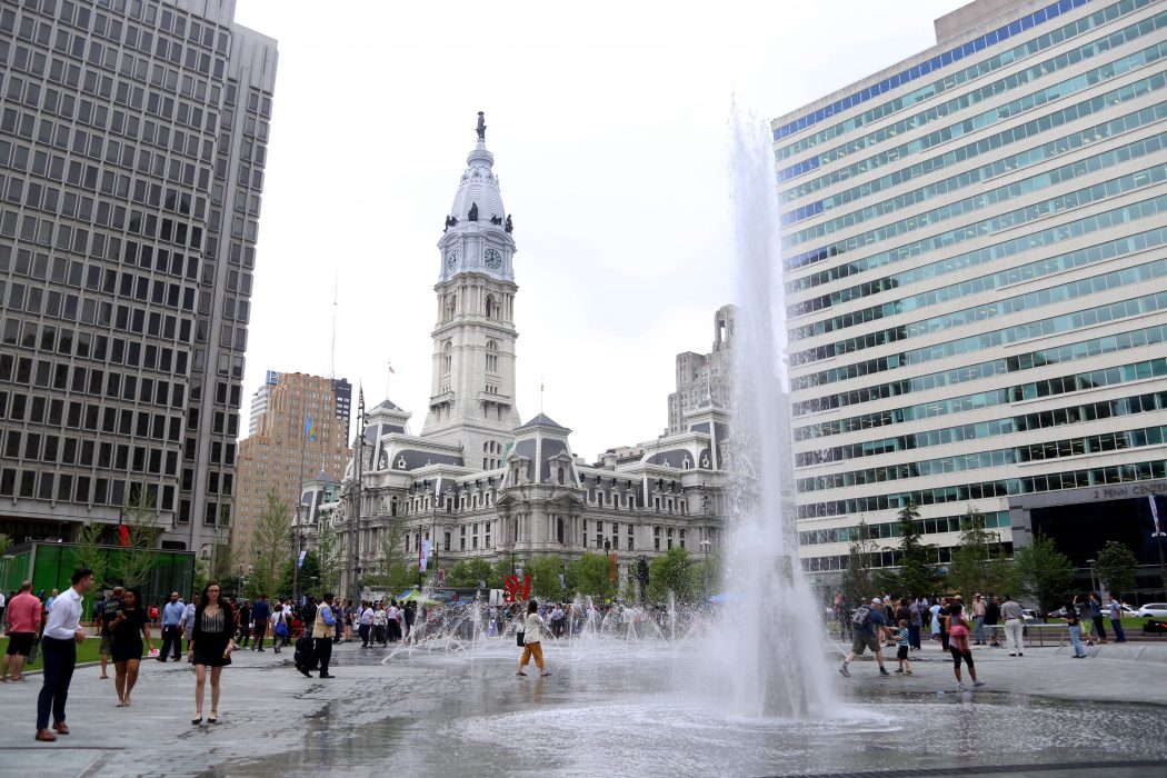 People enjoy the newly redesigned LOVE Park during its grand re-opening.