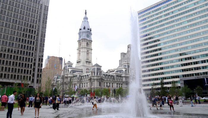 People enjoy the newly redesigned LOVE Park during its grand re-opening.