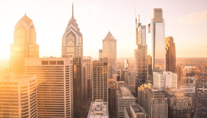 Philadelphia's skyline as the sun sets.