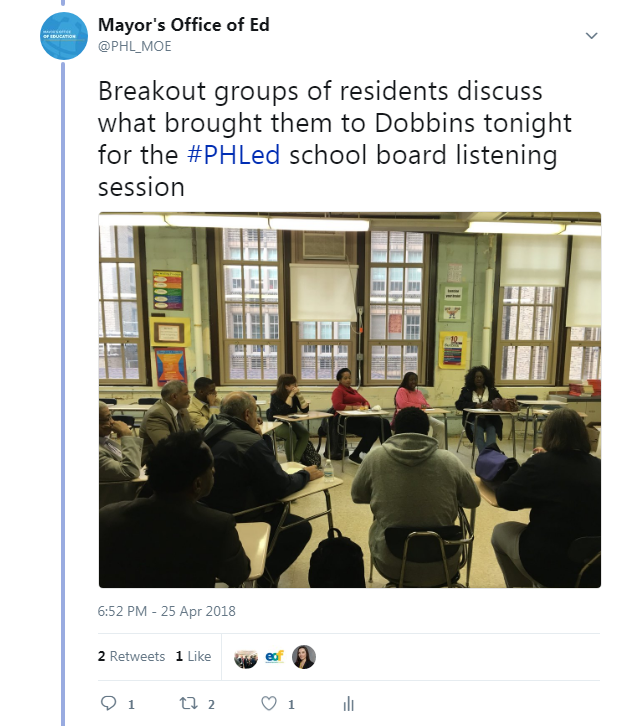 Community members at Dobbins High School face each other at desks in a circle to discuss their thoughts on the new school board