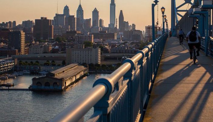 The Philadelphia skyline from the Ben Franklin Bridge.