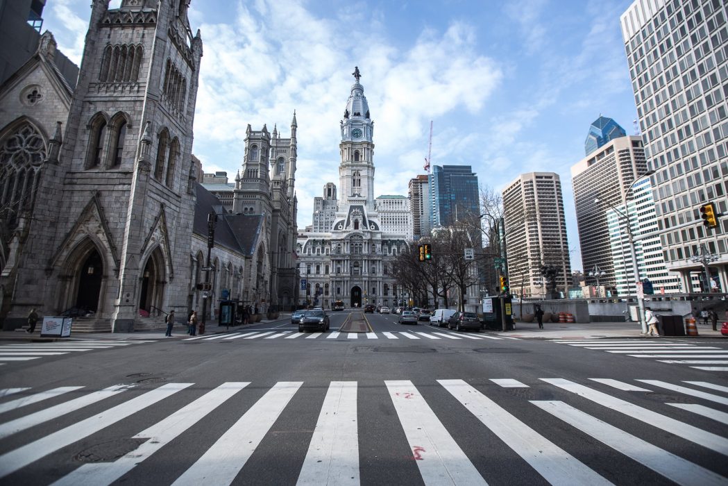 City Hall from North Broad Street during a cloudy day.