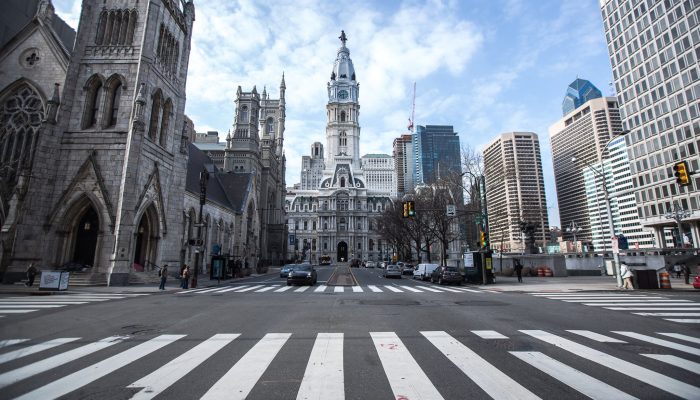 City Hall from North Broad Street during a cloudy day.