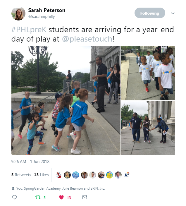 PHLpreK graduates run up the steps to the Please Touch Museum